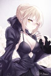 Rule 34 | 1girl, artoria pendragon (all), artoria pendragon (fate), blonde hair, bow, braid, breasts, choker, cleavage, closed mouth, collarbone, detached sleeves, dress, fate/stay night, fate (series), flower, french braid, hair bun, halterneck, juliet sleeves, kamui natsuki, lily (flower), long sleeves, medium breasts, midriff, puffy sleeves, purple bow, purple choker, purple dress, saber alter, short hair, single hair bun, solo, twitter username, upper body, white flower, wide sleeves, yellow eyes