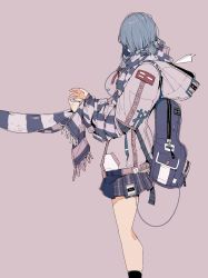 Rule 34 | 1girl, artist name, backpack, bag, beige jacket, black socks, blue hair, bound, bound wrists, commentary request, daisukerichard, facing away, flat color, fringe trim, from side, highres, hood, hoodie, miniskirt, neck ribbon, original, paper airplane, pocket, ribbon, scarf, short hair, simple background, skirt, socks, solo, striped clothes, striped scarf, zipper