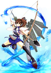Rule 34 | 10s, 1girl, archery, big.g, black thighhighs, bow (weapon), brown eyes, brown hair, gloves, highres, japanese clothes, kaga (kancolle), kantai collection, kyuudou, mechanical wings, muneate, okobo, partially fingerless gloves, partly fingerless gloves, pleated skirt, sandals, side ponytail, single glove, skirt, solo, thighhighs, weapon, wings, yugake, zettai ryouiki