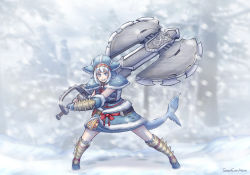 Rule 34 | 1girl, armor, axe, blue eyes, blue hair, charge blade, eon sean, fins, fish tail, fur trim, gawr gura, highres, hololive, hololive english, hood, medium hair, monster hunter (series), monster hunter rise, multicolored hair, shark tail, silver hair, smile, snow, snowing, solo, spikes, streaked hair, tail, tree, virtual youtuber, weapon, winter, winter clothes