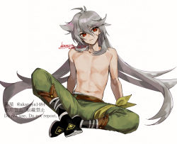 Rule 34 | 1boy, artist name, bishounen, crossed legs, full body, genshin impact, green pants, grey hair, highres, long hair, looking at viewer, male focus, ojo aa, pants, razor (genshin impact), red eyes, scar, scar on face, signature, simple background, sitting, solo, toned, topless male, white background