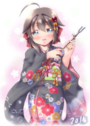 Rule 34 | 10s, 1girl, 2015, :d, absurdres, ahoge, alternate costume, alternate hairstyle, blue eyes, brown hair, commentary request, dated, gradient background, hair flaps, hair ribbon, highres, japanese clothes, jewelry, kanon (kurogane knights), kantai collection, kimono, looking at viewer, md5 mismatch, new year, open mouth, ribbon, ring, shigure (kancolle), shigure kai ni (kancolle), smile, solo, wedding band