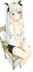 Rule 34 | 1girl, ahoge, azur lane, bad id, bad pixiv id, between legs, black ribbon, black shorts, blush, breasts, casual, chair, cleavage, closed mouth, collarbone, feet out of frame, flower, hair between eyes, hand between legs, highres, large breasts, long hair, looking at viewer, multicolored hair, nue0, prinz eugen (azur lane), red hair, ribbon, shirt, shorts, silver hair, simple background, sitting, smile, solo, streaked hair, sweat, tank top, thighs, two side up, very long hair, white background, white flower, white shirt