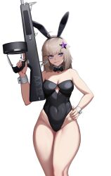 Rule 34 | 1girl, aa-12, aa-12 (girls&#039; frontline), ahoge, animal ears, automatic shotgun, black leotard, blonde hair, blue eyes, breasts, candy, cero (last2stage), cleavage, combat shotgun, commission, covered navel, detached collar, fake animal ears, food, food in mouth, girls&#039; frontline, gun, hair ornament, hand on own hip, hand up, highres, holding, holding weapon, leotard, lollipop, long hair, medium breasts, playboy bunny, rabbit ears, revision, shotgun, smile, solo, star (symbol), star hair ornament, thick thighs, thighs, trigger discipline, weapon