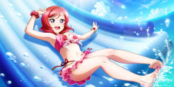 Rule 34 | 1girl, arm up, armpits, artist request, barefoot, blue sky, blush, bracelet, cloud, collarbone, day, feet, frills, highres, jewelry, love live!, love live! school idol festival all stars, love live! school idol project, nail polish, navel, nishikino maki, ocean, official art, open mouth, outdoors, parted bangs, purple eyes, red hair, short hair, sky, smile, soles, solo, sunlight, swimsuit, toenail polish, toenails, toes, water, wet