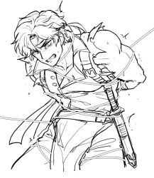 Rule 34 | 1boy, belt, bound, castlevania (series), castlevania: rondo of blood, food fighter 441, gloves, greyscale, headband, male focus, monochrome, nintendo, richter belmont, short hair, simple background, solo, super smash bros., sword, tied up (nonsexual), weapon, whip, white background