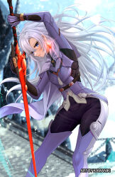 Rule 34 | 1girl, a (xenoblade), artist name, breasts, bridge, commentary, contrapposto, day, earrings, feet out of frame, gloves, grey hair, hair intakes, highres, jewelry, kamaniki, leaning forward, long hair, outdoors, single earring, small breasts, solo, sword, very long hair, weapon, xenoblade chronicles (series), xenoblade chronicles 3, xenoblade chronicles 3: future redeemed