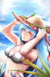 Rule 34 | 1girl, absurdres, alternate costume, armpits, bangle, bare arms, bare shoulders, beach, bikini, blue hair, blue sky, blush, bracelet, breasts, cleavage, closed mouth, cloud, day, flower, girls&#039; frontline, hair between eyes, hand on headwear, hat, head tilt, highres, jewelry, kb-5, large breasts, leaf, long hair, looking at viewer, navel, outdoors, rose, sand, signature, sky, smile, solo, stomach, sun hat, swimsuit, tar-21 (girls&#039; frontline), upper body, very long hair, water drop, waves, wet, yellow eyes