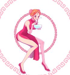 Rule 34 | 1girl, blush, breasts, brown eyes, china dress, chinese clothes, dress, eating, female focus, full body, highres, hip focus, large breasts, legs, midair, nami (one piece), one piece, orange hair, red dress, short hair, sitting in midair, solo, thighs, traditional clothes