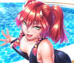Rule 34 | 1girl, artist request, bell, dead or alive, eye shadow, fang, flashing, flat chest, green hair, hair bell, hair ornament, horns, kanna (doa), lipstick, makeup, nipples, red hair, school swimsuit, shiny skin, swimsuit, twintails