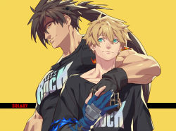 Rule 34 | 2boys, arm around shoulder, black shirt, blonde hair, brown hair, closed mouth, clothes writing, fingerless gloves, from side, gloves, green eyes, guilty gear, headband, holding hands, ky kiske, long hair, looking at another, looking at viewer, male focus, multiple boys, muscular, muscular male, pectorals, ponytail, red eyes, shirt, short hair, simple background, sol badguy, t-shirt, talgi, thick arms, yellow background