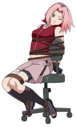 Rule 34 | 1girl, arched back, artist request, bare shoulders, bdsm, bike shorts, black gloves, black shorts, bondage, boots, bound, bound ankles, bound arms, bound legs, bound wrists, breasts, forehead protector, frown, gloves, green eyes, haruno sakura, headband, knee boots, konohagakure symbol, leg wrap, looking at viewer, medium breasts, medium hair, midriff, miniskirt, naruto (series), naruto shippuuden, navel, one eye closed, overskirt, parted lips, pink hair, pink skirt, red shirt, sad, scared, shirt, short, shorts, sitting, skirt, sleeveless, sleeveless shirt, solo, tied to chair, toeless footwear, transparent background, worried, zipper