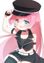 1girl absurdres alternate_costume ayane_(idol)_(blue_archive)_(cosplay) black_hat black_shorts blue_archive blue_eyes blush choker cosplay fingerless_gloves flat_chest gloves hat heterochromia highres hoshino_(blue_archive) navel petako_(ptpt_k) pink_hair serika_(idol)_(blue_archive)_(cosplay) shorts simple_background solo white_background yellow_eyes