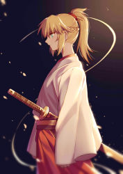 Rule 34 | 1girl, absurdres, blurry, braid, closed mouth, depth of field, fate/apocrypha, fate (series), from side, green eyes, hakama, hakama skirt, highres, japanese clothes, long sleeves, mordred (fate), mordred (fate/apocrypha), ponytail, profile, shinai, sidelocks, skirt, solo, sword, upper body, weapon, wide sleeves, yorukun