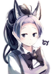 Rule 34 | 10s, 1girl, absurdres, animal ears, apron, black hair, bow, bowtie, collared shirt, commentary request, donkey (kemono friends), donkey ears, forehead, grey hair, highres, japari symbol, kanzakietc, kemono friends, long hair, long sleeves, multicolored hair, ponytail, shirt, solo, upper body