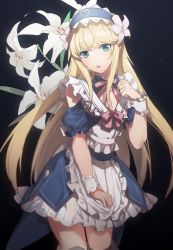 Rule 34 | :o, aged up, ambiguous gender, apron, aqua eyes, black background, blonde hair, blue dress, chevalier d&#039;eon (fate), clothing cutout, cowboy shot, dress, fate/grand order, fate (series), floral background, flower, frilled apron, frills, hair flower, hair ornament, highres, lily (flower), long hair, looking at viewer, maid, maid apron, maid headdress, no-kan, official alternate costume, puffy short sleeves, puffy sleeves, short sleeves, shoulder cutout, sidelocks, solo, swept bangs, trap, very long hair, wrist cuffs