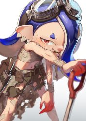 Rule 34 | 1girl, anko2552, arm wrap, bandages, belt, belt pouch, blue hair, fangs, goggles, goggles on head, hair over one eye, highres, knife, looking at viewer, navel, nintendo, octoling player character, pouch, red eyes, sheath, shiver (splatoon), shorts, shovel, smile, solo, splatoon (series), splatoon 3, sweat, tentacle hair, torn clothes, white background