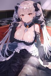Rule 34 | 1girl, azur lane, bad id, bad pixiv id, bare shoulders, between breasts, black dress, bow, breasts, checkered floor, cleavage, commentary request, detached collar, dress, earrings, formidable (azur lane), frilled dress, frills, hair bow, hand up, highres, indoors, jewelry, large breasts, light rays, long dress, long hair, long sleeves, looking at viewer, mat, nonon (xenonbot), on floor, red eyes, reflective floor, sidelocks, silver hair, sitting, solo, twintails, very long hair