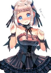 1girl black_dress black_ribbon blue_eyes blush choker demon_horns dress fangs fingernails frilled_choker frills gakuen_idolmaster grey_hair hair_ribbon half_up_braid hands_up head_tilt highres horns idolmaster katsuragi_lilja looking_at_viewer maru51 neck_ribbon ribbon ribbon_braid simple_background skin_fangs solo strapless strapless_dress sweatdrop white_background wristband