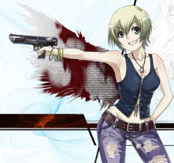Rule 34 | 1girl, arm up, armpits, aya brea, bare shoulders, belt, blonde hair, bracelet, breasts, cleavage, denim, green eyes, grin, gun, jeans, jewelry, large breasts, navel, necklace, pants, parasite eve, parasite eve the 3rd birthday, sararajin, short hair, smile, solo, torn clothes, vest, weapon