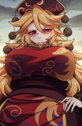 Rule 34 | 1girl, absurdres, black headwear, blonde hair, blush, breasts, closed mouth, fingernails, from below, frown, half-closed eyes, hand on own hip, highres, junko (touhou), large breasts, littlecloudie, long hair, looking at viewer, red eyes, red nails, sharp fingernails, solo, touhou
