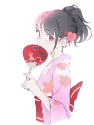 Rule 34 | 1girl, black hair, blunt bangs, blush, cross, ear blush, earrings, flower, from side, hair flower, hair ornament, hand fan, heart, highres, holding, holding fan, inverted cross, inverted cross earrings, japanese clothes, jewelry, kimono, looking at viewer, looking to the side, milim nova, obi, original, paper fan, pink eyes, pink flower, pink kimono, pinky ring, ponytail, red sash, sash, simple background, solo, upper body, white background, yukata