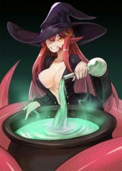 Rule 34 | 1girl, animal ears, black dress, black hat, breasts, cauldron, cleavage, commission, dress, gradient background, green background, grin, hair between eyes, hair ornament, hat, highres, holding, jewelry, lamia, large breasts, long hair, looking at viewer, miia (monster musume), monster girl, monster musume no iru nichijou, open clothes, open dress, pointy ears, potion, red eyes, red hair, ring, scales, smile, solo, sookmo, vial, wedding band, witch, witch hat, yellow eyes