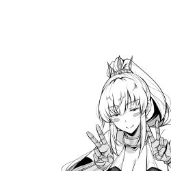 Rule 34 | 1girl, blush, blush stickers, breasts, cleavage, closed mouth, double v, gentsuki, greyscale, highres, large breasts, long hair, looking at viewer, monochrome, ponytail, princess knight (gentsuki), shachiku succubus no hanashi, smile, smug, solo, v