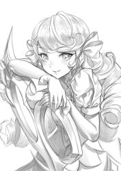 Rule 34 | 1girl, blush, bow, drill hair, gloves, greyscale, gwen (league of legends), hair bow, hair ornament, highres, holding, holding scissors, league of legends, long hair, monochrome, oversized object, scissors, smile, solo, teeth, tiger june, twin drills, twintails, x hair ornament