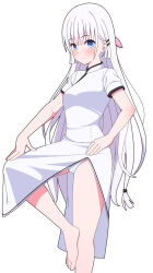 Rule 34 | 1girl, alternate costume, barefoot, blue eyes, blunt ends, blush, breasts, china dress, chinese clothes, closed mouth, commentary, curvy, dress, feet out of frame, hair between eyes, hair ornament, hair ribbon, hairclip, hand on own hip, hand on own knee, highres, hip vent, knee up, long hair, looking at viewer, low-tied long hair, medium breasts, naruse shiroha, panties, panty peek, pink ribbon, ribbon, short sleeves, simple background, solo, split mouth, standing, standing on one leg, summer pockets, thighs, underwear, very long hair, white background, white dress, white hair, white panties, white theme, zlmh7okwwbmghfo
