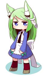 Rule 34 | 1girl, 7th dragon, 7th dragon (series), animal ear fluff, animal ears, apron, aqua bow, arietta (7th dragon), back bow, black neckwear, blue dress, blue eyes, blush, bow, brown footwear, chibi, closed mouth, commentary request, dress, full body, green hair, long hair, long sleeves, looking at viewer, naga u, red thighhighs, shadow, sleeves past wrists, solo, standing, swept bangs, thighhighs, very long hair, white apron, white background, white bow