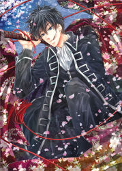 Rule 34 | 1boy, ascot, black hair, blue eyes, cherry blossoms, cigarette, coat, floral print, flower, gintama, hijikata toushirou, japanese clothes, male focus, mouth hold, open clothes, petals, robe, rope, shizuki (hakugyokurou), short hair, sitting, smoking, solo, spiked hair, sword, trench coat, water, weapon