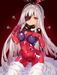 Rule 34 | 1girl, absurdres, blush, bodysuit, braid, breasts, covered navel, cross-laced clothes, dohna dohna issho ni warui koto o shiyou, dress, unworn dress, gradient background, grey hair, hairband, highres, latex, latex bodysuit, light blush, long hair, looking at viewer, medium breasts, parted lips, pink eyes, print eyepatch, red bodysuit, seiza, side braids, sitting, skin tight, solo, two-tone bodysuit, tying, yammy (dohna dohna), yononaka