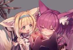 Rule 34 | 2girls, :d, animal ear fluff, animal ears, apple, arknights, blonde hair, blue hairband, blush, braid, braided hair rings, closed mouth, commentary request, food, fox ears, fox girl, fox tail, fruit, green eyes, grey background, hair ornament, hair rings, hairband, highres, holding, holding food, holding fruit, holding staff, infection monitor (arknights), lolitamomoya, morte (arknights), multiple girls, multiple tails, open mouth, pout, purple eyes, purple hair, shamare (arknights), short hair, simple background, smile, staff, stuffed wolf, suzuran (arknights), tail, twintails, upper body