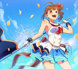 Rule 34 | 1girl, blue skirt, blush, bow, brown hair, collarbone, confetti, cowboy shot, day, drill hair, fireworks, flag, gloves, hair bow, holding, holding flag, idolmaster, idolmaster million live!, idolmaster million live! theater days, kamille (vcx68), looking away, open mouth, outdoors, purple eyes, red bow, senkou hanabi dan (idolmaster), short hair, side drill, skirt, smile, solo, teeth, white gloves, yokoyama nao
