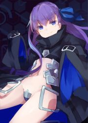 Rule 34 | 10s, 1girl, armor, blue eyes, blue ribbon, boots, breasts, coat, crotch plate, eyebrows, fate/extra, fate/extra ccc, fate (series), full body, hair ribbon, knee pads, long hair, long sleeves, looking at viewer, makihitsuji, meltryllis (fate), midriff, navel, no pants, purple hair, revealing clothes, ribbon, sitting, small breasts, smug, solo, spread legs