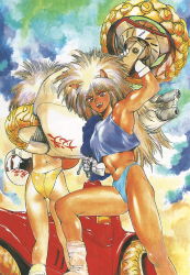 Rule 34 | 2girls, :d, android, animal ears, annapuma, armpits, ass, back, biceps, big hair, bikini, bikini bottom only, blonde hair, car, carrying, cat ears, cloud, crop top, day, dominion (manga), dominion tank police, from behind, gloves, helmet, highres, long hair, looking at viewer, loose socks, midriff, motor vehicle, motorcycle, motorcycle helmet, multiple girls, muscular, muscular female, open mouth, outdoors, red eyes, shirou masamune, siblings, sisters, sky, smile, socks, swimsuit, tan, tank top, traditional media, twins, unipuma, vehicle, white hair