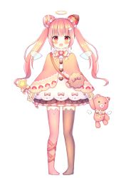 Rule 34 | 1girl, :d, animal ear legwear, asymmetrical legwear, bag, bear band legwear, black thighhighs, blush, bow, braid, brown bow, brown capelet, brown hair, capelet, coa (chroo x), copyright request, detached wings, double bun, dress, flower-shaped pupils, frilled dress, frills, full body, hair bun, halo, holding, long hair, long sleeves, looking at viewer, mini wings, mismatched legwear, no shoes, open mouth, pink thighhighs, red eyes, shoulder bag, simple background, smile, solo, standing, star (symbol), symbol-shaped pupils, thighhighs, transparent wings, twintails, very long hair, virtual youtuber, white background, white dress, wings