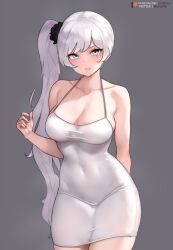 Rule 34 | 1girl, arm behind back, bare arms, bare shoulders, black scrunchie, blue eyes, bluefield, breasts, cleavage, collarbone, commentary, covered navel, cowboy shot, dress, grey background, groin outline, hair ornament, hair scrunchie, hand up, highres, large breasts, light blush, long hair, looking at viewer, medium breasts, parted lips, patreon logo, patreon username, rwby, scar, scar across eye, scrunchie, short dress, side ponytail, simple background, skindentation, sleeveless, sleeveless dress, solo, sundress, taut clothes, taut dress, tight clothes, tight dress, twitter username, very long hair, watermark, weiss schnee, white dress, white hair