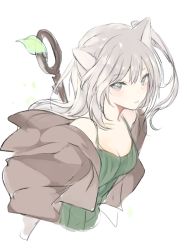 Rule 34 | 1girl, animal ears, blush, camisole, cat ears, grey background, grey eyes, long hair, looking at viewer, lpip, original, parted lips, shawl, silver hair, simple background, sketch, solo, upper body, white background