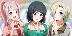 Rule 34 | 3girls, absurdres, ahoge, black hair, blue eyes, blush, closed mouth, collarbone, collared shirt, commentary, dress, earrings, formal, green dress, grey jacket, heart, heart hands, highres, jacket, jewelry, long hair, long sleeves, looking at viewer, love live!, love live! nijigasaki high school idol club, mia taylor, mifune shioriko, multiple girls, necklace, necktie, ninben (ninben 2892), open mouth, pink hair, pink jacket, ponytail, purple eyes, r3birth (love live!), rainbow, red eyes, red necktie, shirt, short hair, sidelocks, smile, suit, teeth, upper body, upper teeth only, vroom vroom (love live!), white shirt, zhong lanzhu