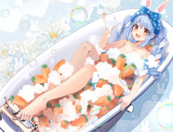 Rule 34 | 1girl, abstract background, animal ear fluff, animal ears, bath, bathing, bathtub, blue background, blue hair, braid, breasts, brown eyes, bubble, carrot, chocho (homelessfox), faucet, flower, hand up, head scarf, hololive, leg up, long hair, looking at viewer, medium breasts, multicolored hair, open mouth, outstretched leg, plantar flexion, rabbit ears, rabbit girl, reclining, sidelocks, smile, soap bubbles, solo, toes, twin braids, twintails, two-tone hair, usada pekora, very long hair, virtual youtuber