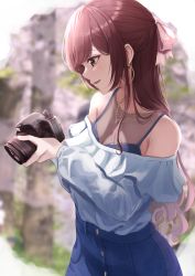 Rule 34 | 1girl, absurdres, alternate costume, bare shoulders, blue camisole, blurry, blurry background, breasts, brown hair, buttons, camera, camisole, cleavage, commentary request, cowboy shot, crop top, day, denim, denim skirt, half updo, highres, holding, holding camera, idolmaster, idolmaster shiny colors, jewelry, long hair, long sleeves, looking at object, marishiten (mar1sh110), medium breasts, necklace, off-shoulder shirt, off shoulder, osaki amana, outdoors, profile, red hair, see-through, see-through shirt, shirt, single-lens reflex camera, skirt, smile, solo, sunlight, taking picture, very long hair, wavy hair, white shirt, yellow eyes
