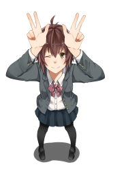 Rule 34 | &gt;;), 1girl, ahoge, blazer, bow, bowtie, brown hair, rabbit, double v, full body, highres, jacket, loafers, long sleeves, looking at viewer, one eye closed, original, pantyhose, pleated skirt, school uniform, shoes, skirt, smile, solo, tsukamoto minori, v, v-shaped eyebrows, yellow eyes