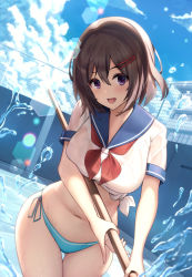 Rule 34 | 1girl, aqua bikini, bikini, bikini bottom only, blue sailor collar, blue sky, bra visible through clothes, breasts, brown hair, cloud, commentary request, day, empty pool, hair ornament, hairclip, highres, large breasts, liya, looking at viewer, open mouth, original, outdoors, pool, red neckwear, sailor bikini, sailor collar, see-through, shirt, short hair, short sleeves, side-tie bikini bottom, sky, solo, swimsuit, thighs, water, wet, wet clothes, wet shirt