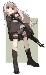 Rule 34 | 1girl, amonitto, an-94, an-94 (girls&#039; frontline), assault rifle, black coat, black eyes, black footwear, boots, closed mouth, coat, coat on shoulders, floating hair, girls&#039; frontline, gloves, grey hair, gun, holding, holding gun, holding weapon, jacket, jacket on shoulders, long hair, looking at viewer, respirator, rifle, shorts, sidelocks, solo, standing, thigh strap, weapon, white shorts, wind