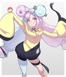 Rule 34 | 1girl, bow-shaped hair, character hair ornament, creatures (company), game freak, grey pantyhose, hair ornament, hexagon print, highres, iono (pokemon), jacket, nintendo, oversized clothes, pantyhose, pokemon, pokemon sv, sharp teeth, single leg pantyhose, sleeves past fingers, sleeves past wrists, sushi no ikari, teeth, very long sleeves, x, yellow jacket