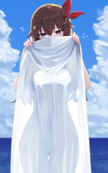 Rule 34 | 1girl, blue eyes, breasts, brown hair, cloud, commentary, covering body, dalcom, day, diamond hair ornament, hair flaps, hair ornament, hair ribbon, hairclip, highres, holding, holding towel, hololive, knees out of frame, legs together, long hair, looking at viewer, medium breasts, ocean, outdoors, red ribbon, ribbon, see-through silhouette, shy, solo, standing, star (symbol), star hair ornament, straight-on, thigh gap, tokino sora, towel, virtual youtuber, white towel