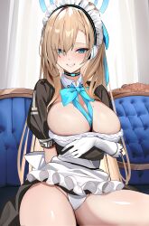Rule 34 | 1girl, absurdres, apron, asuna (blue archive), blue archive, blue eyes, bow, bowtie, breasts, cameltoe, detached collar, enishi96, frilled apron, frills, gloves, hair over one eye, halo, highres, large breasts, long hair, looking at viewer, maid, maid apron, maid headdress, mole, mole on breast, official alternate costume, panties, puffy short sleeves, puffy sleeves, short sleeves, smile, solo, thighs, underwear, white gloves, white panties