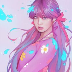 Rule 34 | 1girl, animification, artist name, blackpink, blunt bangs, commentary, floral print, hair ribbon, heart, heart-shaped pupils, highres, jennie (blackpink), k-pop, looking at viewer, pink hair, pink lips, pink ribbon, pink shirt, purple background, real life, ribbon, shirt, sparkle, symbol-shaped pupils, taedelight, twintails, upper body, water
